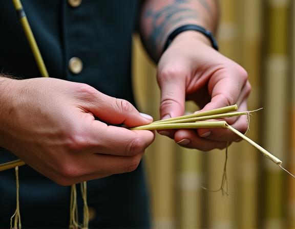 竹の素材を厳選する職人の手